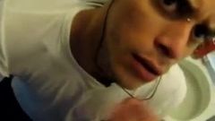Boy sucking cock and eating cum in restroom