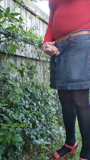 Thrilling moment from "Cd outdoors in pantyhose, leotard. Urethral sound, masturbate and cum on miniskirt."