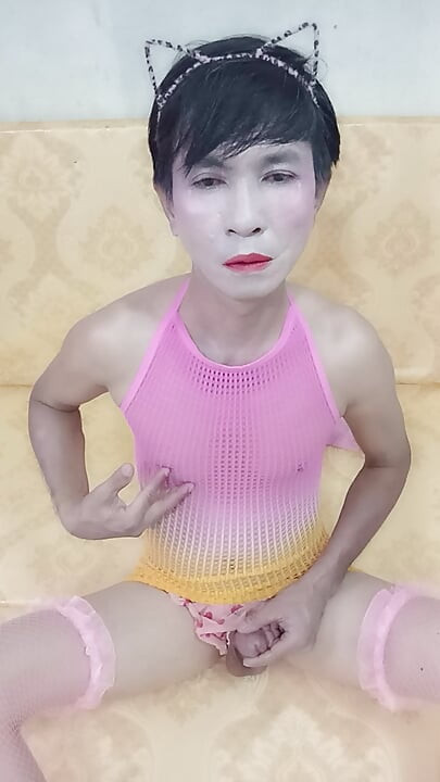 Transgender Oanh Le wears sexy clothes masturbating and ejaculates all over her body