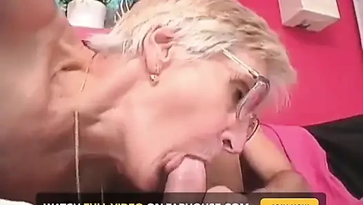 Granny with glasses gets her hairy cunt screwed by a young guy
