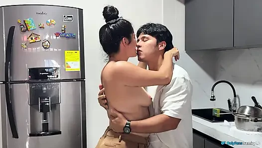 Passionate sex in the kitchen with a beautiful Latin wife with pink pussy!