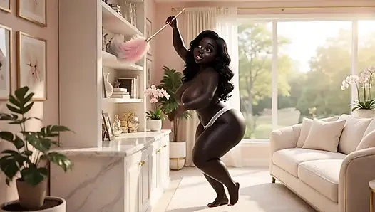 Stunning Curvy Ebony Mature MILF Sensually Cleaning Her Luxurious Modern House Wearing Only Tiny White Panties