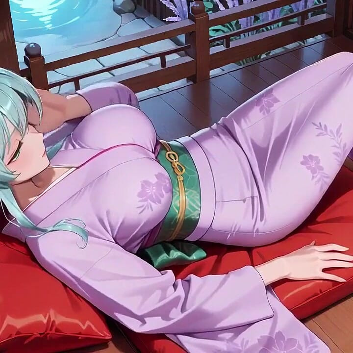 Green-haired Kimono Girl's Private Morning! Purple Yukata Slightly Damp, Kneeling on the Bed in a Japanese Room