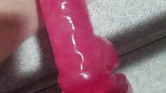 Morning fun riding a pink dildo suctioned to my mirror