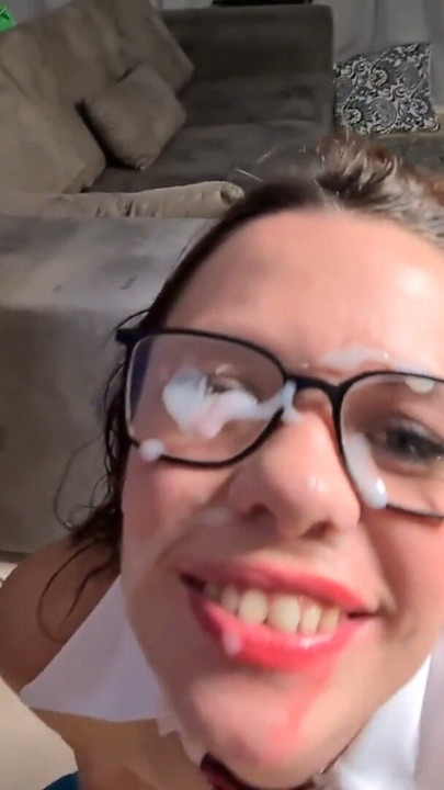 Nerdy skinny slut sucking dick, cum on glasses, facial | Clip 2