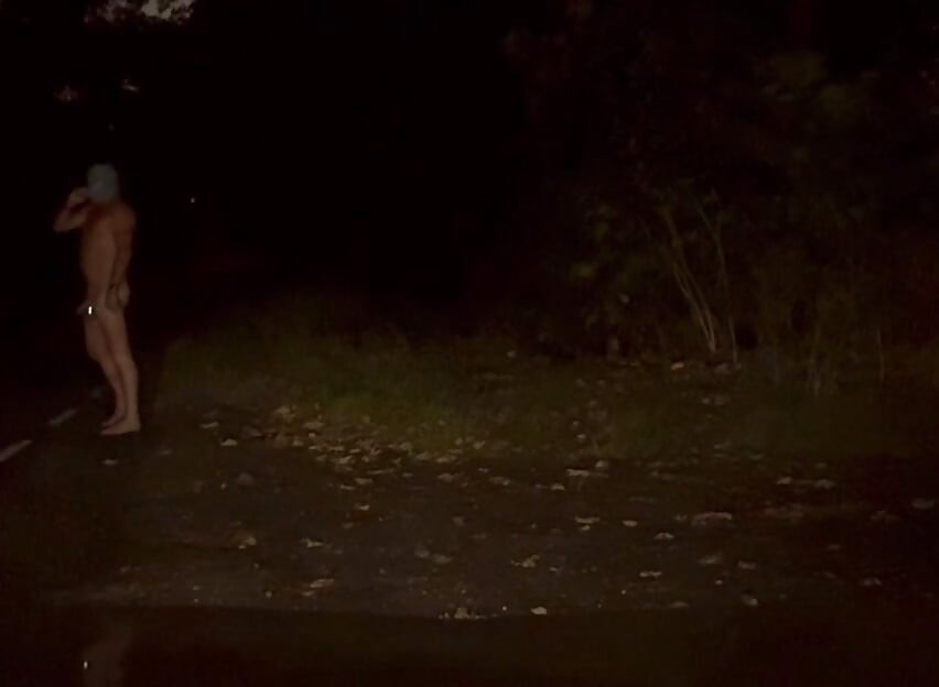 Wanking naked outside in road , few cars pass