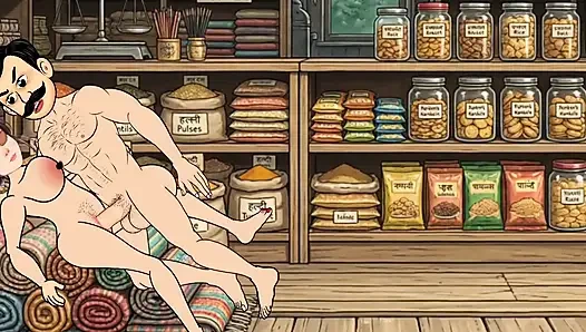 Cartoon video of Swati and shopkeeper Ramu's funny sex. Big cock fucking.