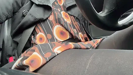 Elegant stepmom drives to the office wearing tights and a beautiful dress