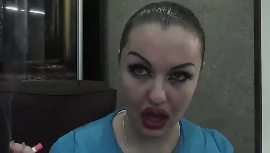 Sexy make-up huge red lips smoking