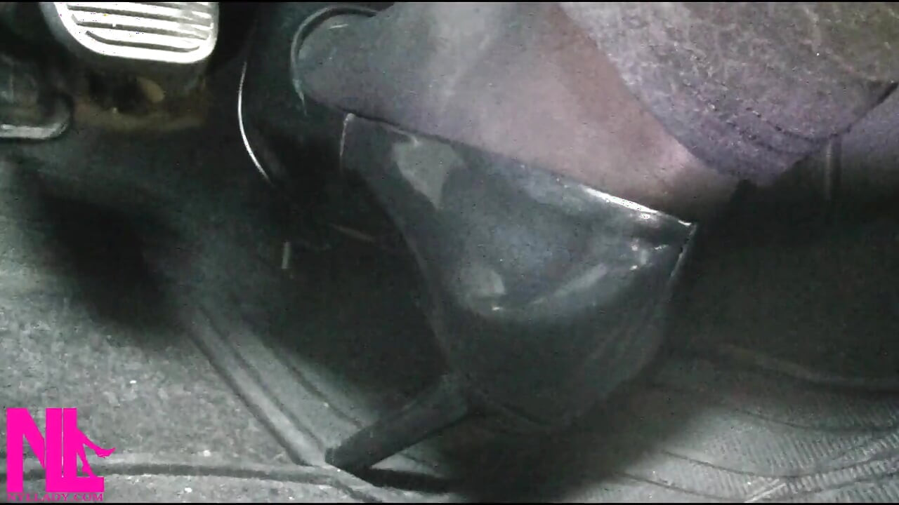 Revving and Driving in Black Pantyhose and Grey High Heels