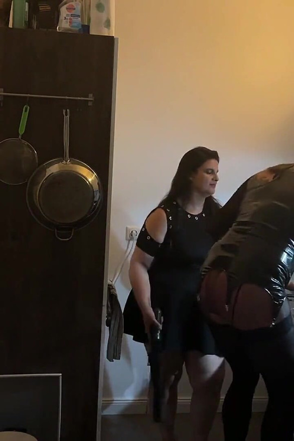 Dominant MILF Stretches Latex Sub's Ass Wide in Kitchen
