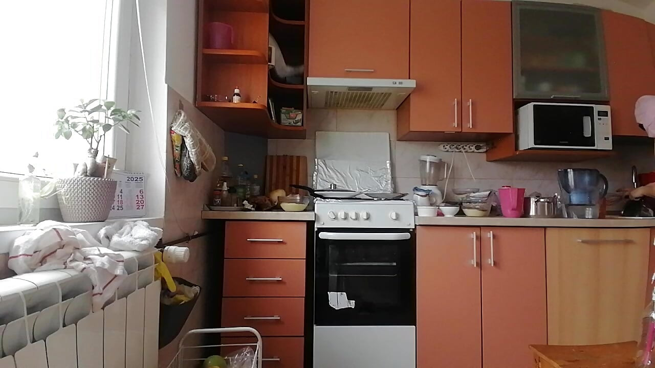 Sexy brunette doing naked chores around the house.