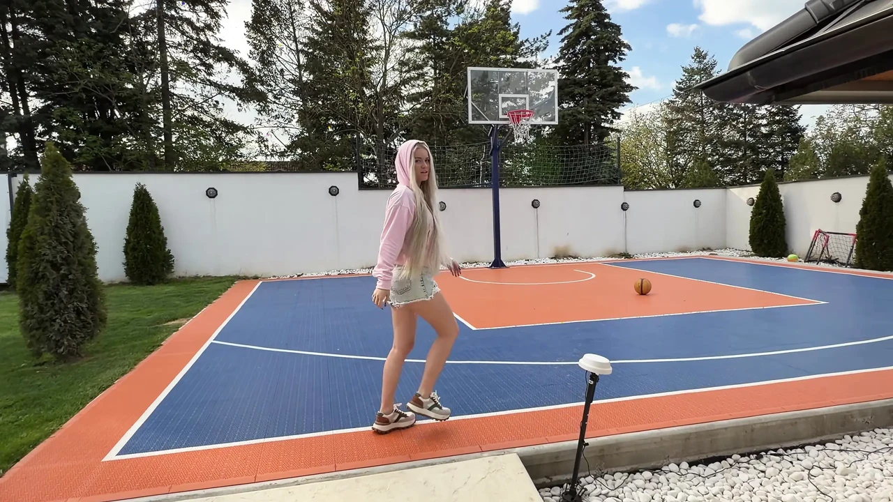 She wanted to throw the ball into the hoop, but it all ended with cum on her ass.
