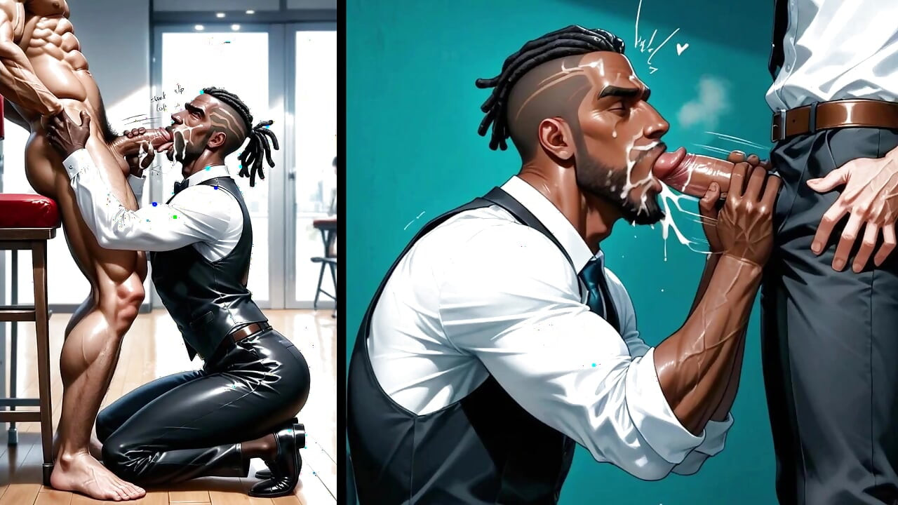 Black Waiter Sucks the Dicks of Customers and Kitchen Colleagues in Front of Everyone. Slide Pics Compilation Hentai