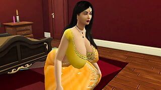 Desi tia manju provocando caras com tesão usando um sari amarelo sexy