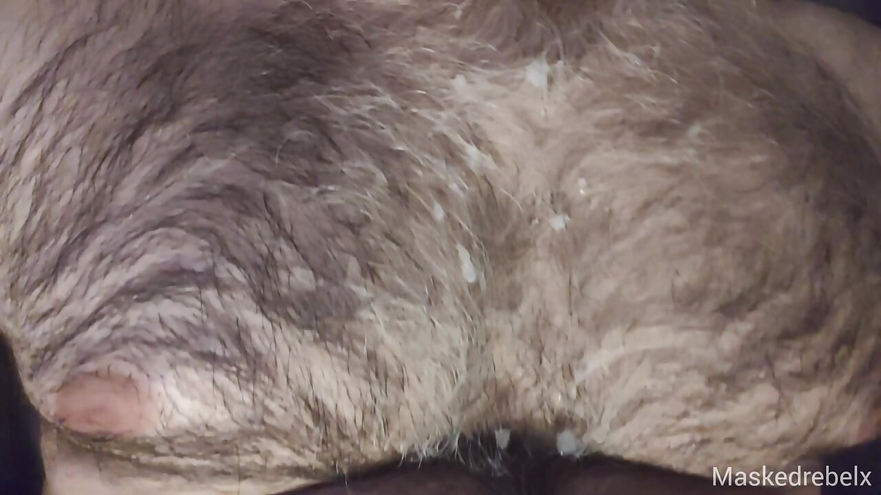 Hairy man jerks off and cums all over his body - Huge load!