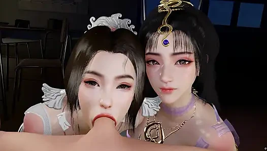 3D zwei geile schätzchen teilen sich einen großen schwanz