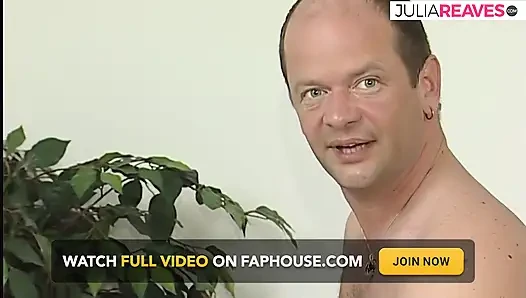 Blonde babe sucks a huge cock then rides it hard