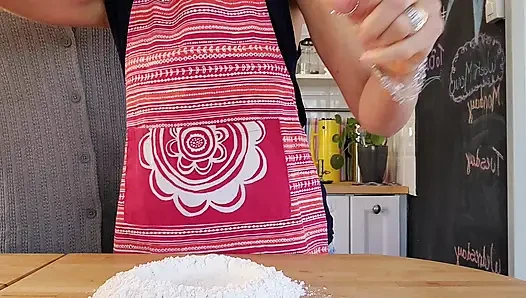 Hot wife with amazing natural tits gets her pussy filled while working in the kitchen.