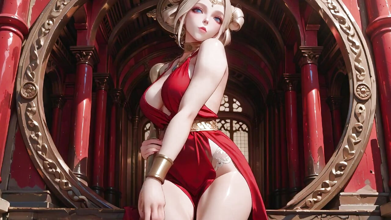 Blonde Goddess in Red! Forbidden Gaze in the Ancient Corridor, Deep V & High Slit teasing you.