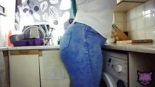 Woman as dry sex in the kitchen.