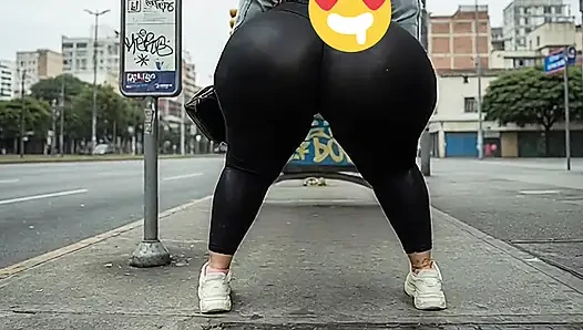 "Masked BBW Changes from Black Leggings to Tiny Thong at Public Bus Stop"