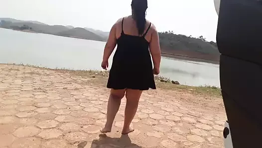 Showing off at the dam and masturbating