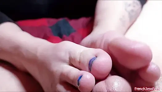 Footjob with cute little blue toes POV