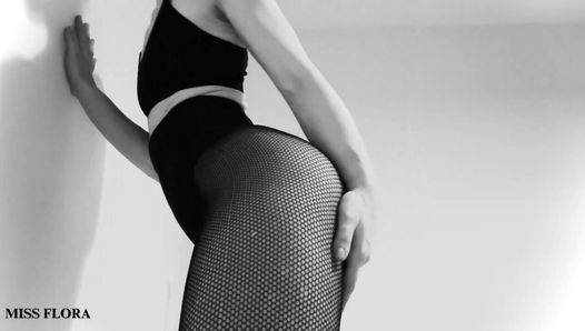 Fishnet Tights Ass and Feet Tease in Black and White