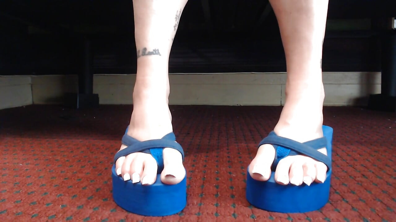 Long White Toenails Wedge Blue Flipflops