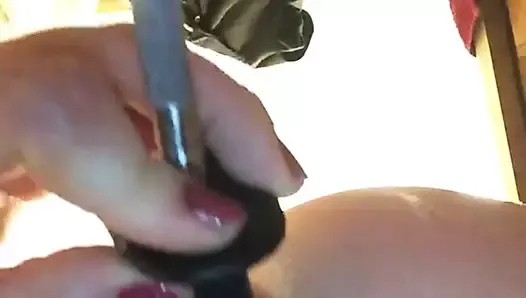 Butt slut takes knife sharpener in ass