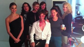 Lucky guy kissed by women wearing lipstick