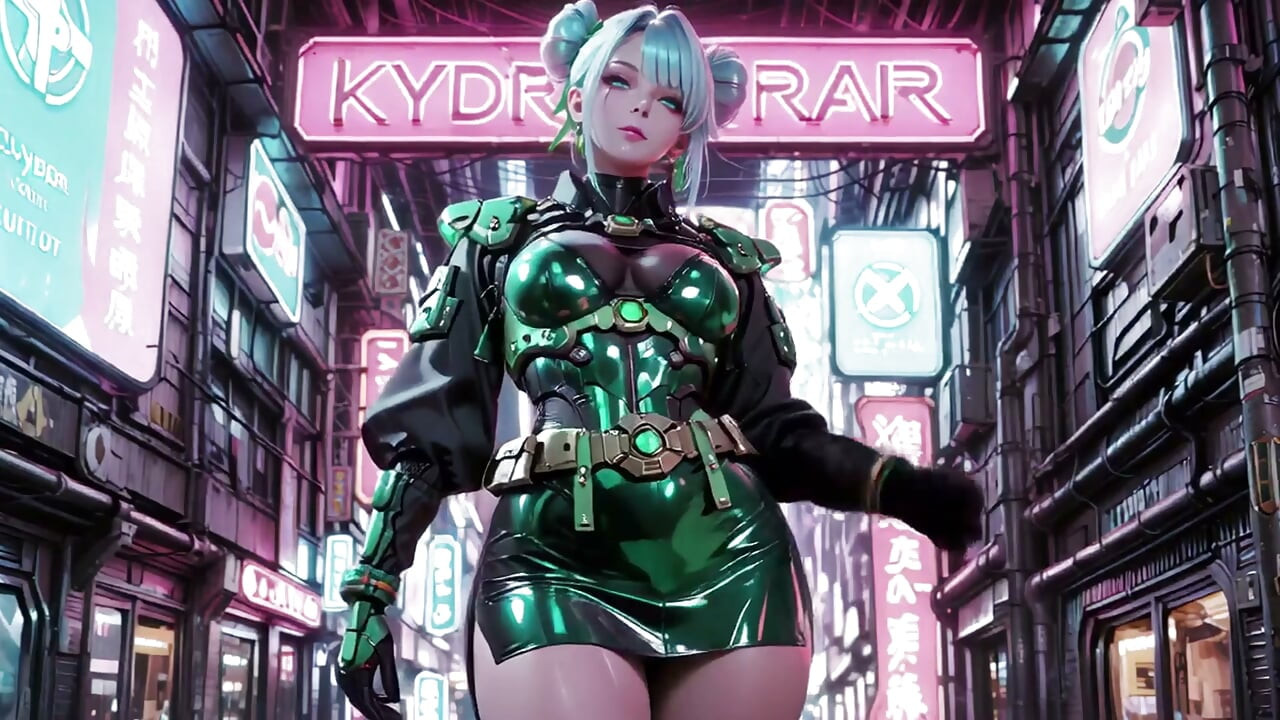 The Green Armored Girl! Valkyrie cu păr argintiu îngenuncheată și privind înapoi, vârfurile degetelor urmărind costumul ei metalic rece.