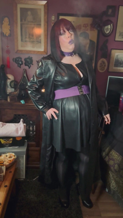 Smoking Mature, Tina Snua Smoking A Cigarette In A Full Length Leather Coat - Smoker | Clip 1