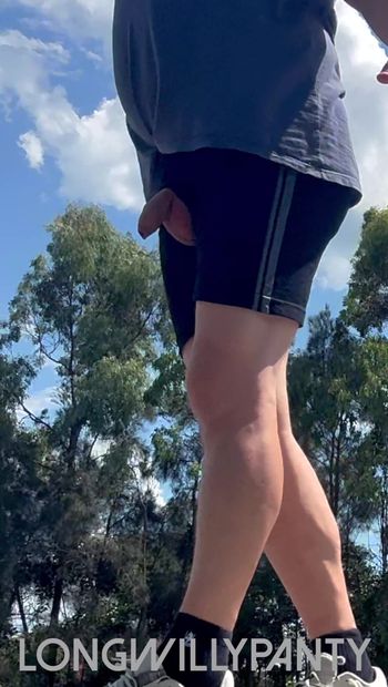 Straight guy playing outdoor basketball dick out in public