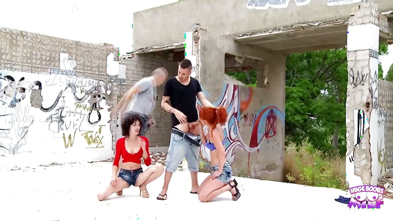 Outdoor sex with a couple of hotties getting banged in a group until taking bukkake.