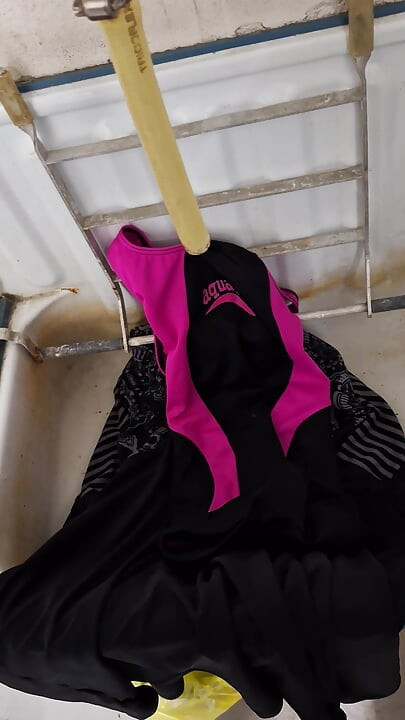 Two wet swimsuits pissed and covered in cum