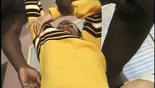 Two black stud taking turns as they fuck cute babe hard in a threesome