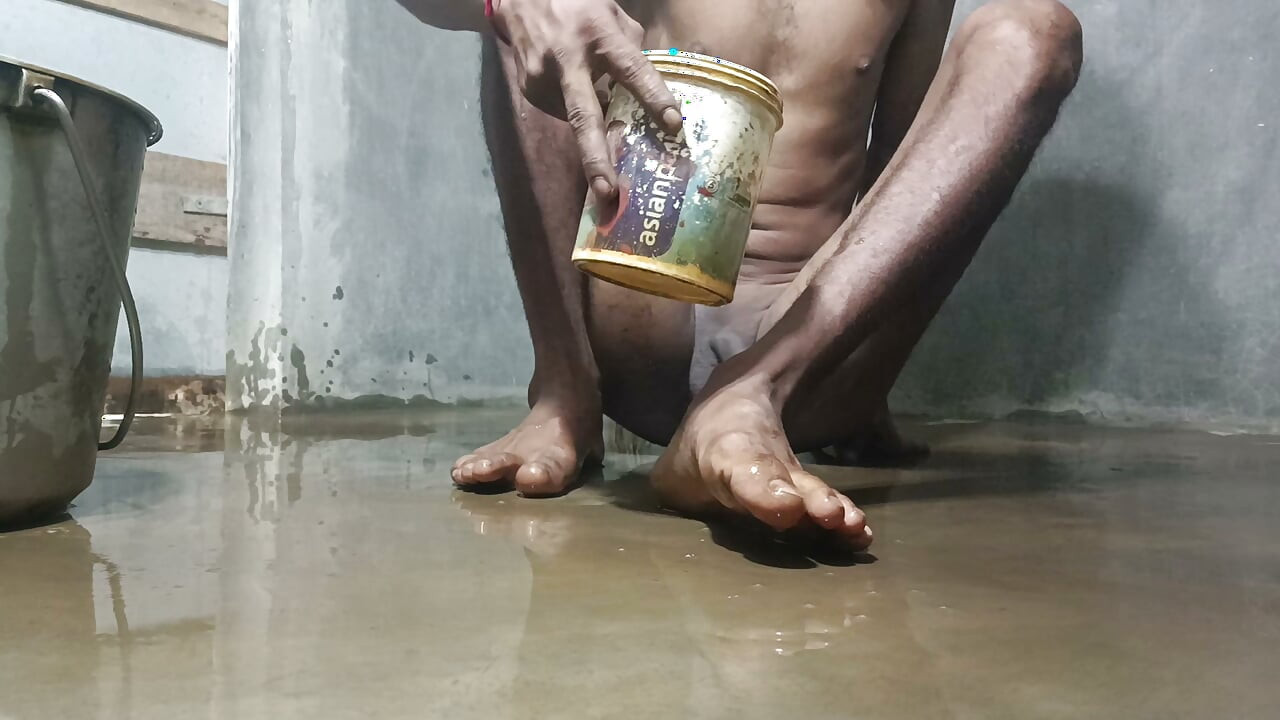 Mature man shower in bathroom village style
