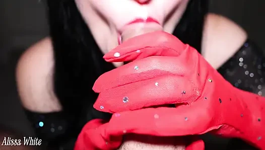POV. Sensual Licking of the Glans From Brunette with Hot Red Lips. Close up.