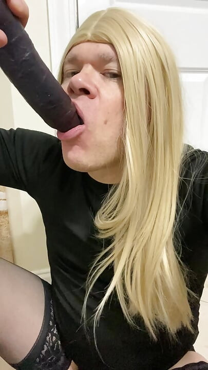Crossdresser sucking a BBC dildo while talking to Daddy like a good slut