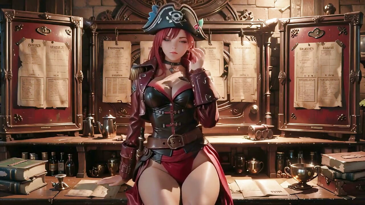Reina del pirata pelirroja! Diosa perezosa en la bodega de oro ¡La mirada arrodillado está loca!
