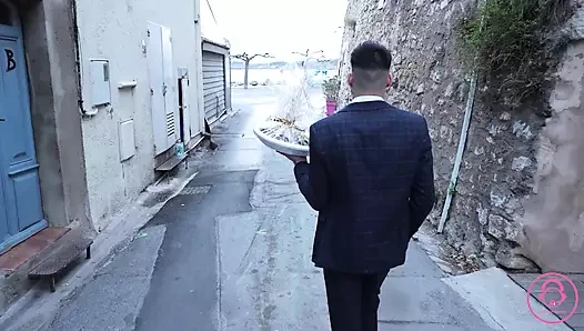 French MILF Strips, Sucks, and Rides the Delivery Cock