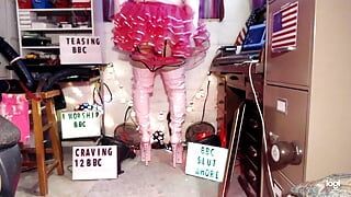 Slut-dancing with slow QOS sissy panties striptease in pink tutu and 9" BBC SLUT platform stiletto boots.