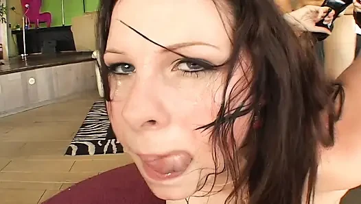 Sexy whore gets face covered in cum after fucking four massive cocks