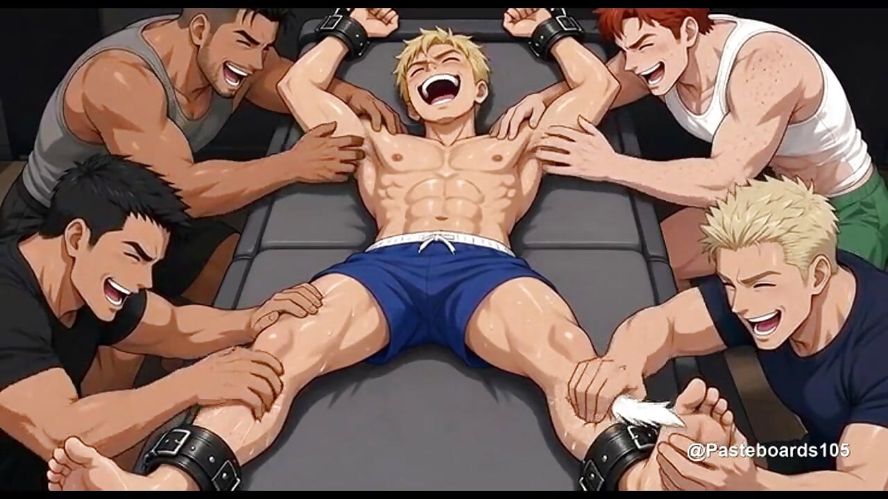Bound Blond Jock - Four Men Tickling His Armpits, Soles And Toes (2D Anime)