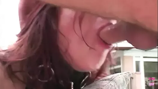 A Sweet Cuttie Redhead Being Wildly Pounded by Two Guys and Getting Cum in Mouth