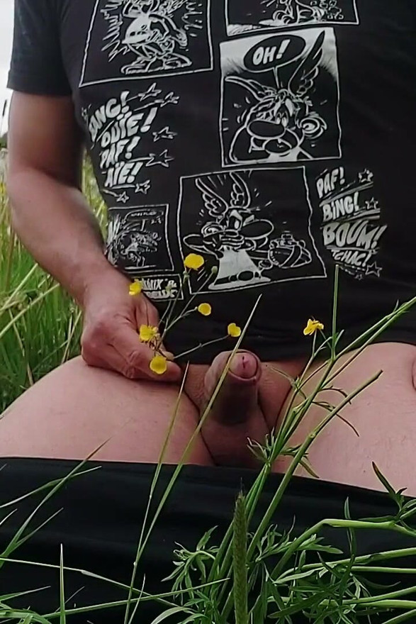 Outdoor Jerking off Playful My Cock in a Flower Meadow and Spraying My Semen Into Nature.