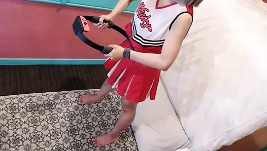 A cute, busty married woman does exercise 3 in a sexy cheerleader costume. Peeking down from above. Home made amateur Private Shoot