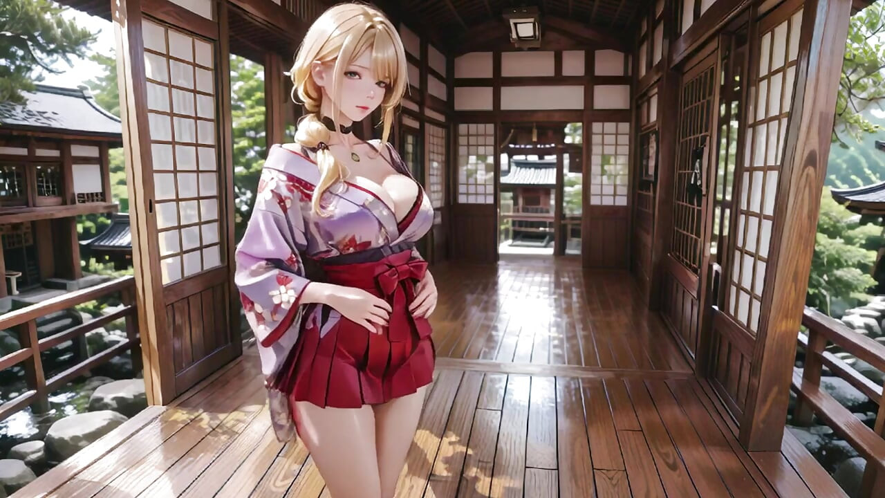 퍼플 기모노 판타지! 일본식 복도 속 금발 여신, 나른한 시선, 손을 허리에 얹고 햇살에 젖은 피부.